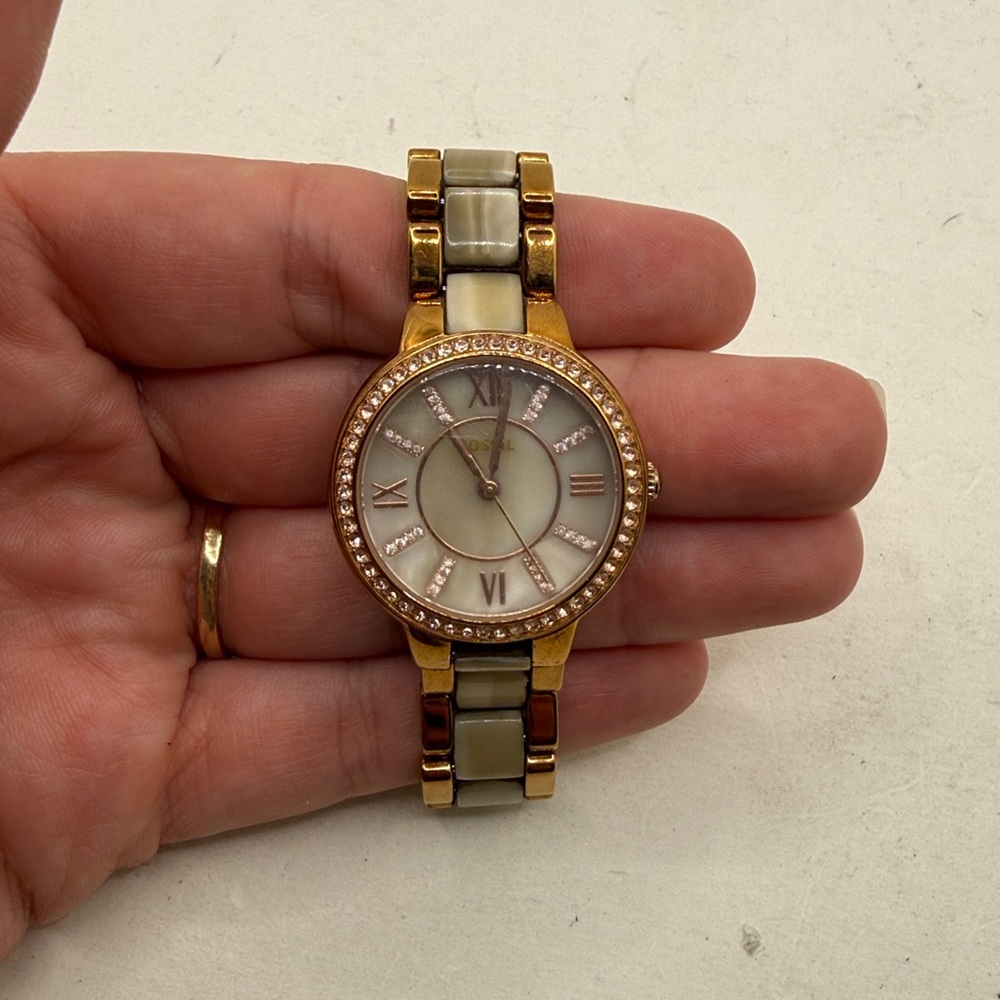 Fossil Virginia Shimmer Horn Rose Gold Tone Stainless Steel Bracelet Watch
